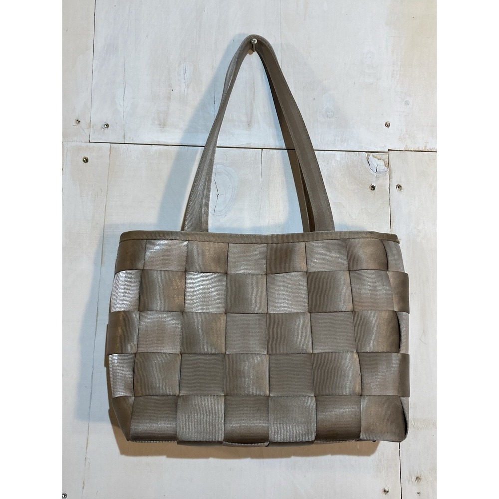 Y2K Vintage Harveys Seatbelt Bag Woven Tote Champagne Taupe Metallic Shoulder - Picture 2 of 9